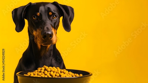 Black dog with bowl of food against bright yellow background