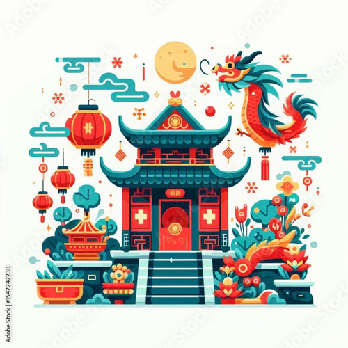 Ornate illustration featuring a red  blue pagoda a dragon lanterns and stylized floral elements