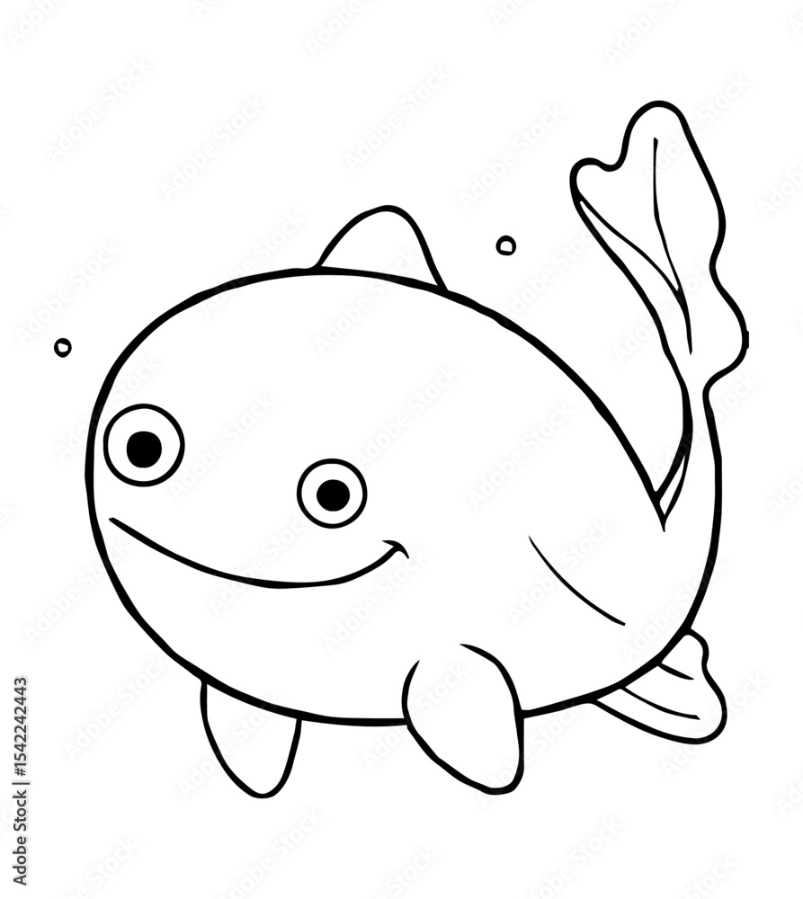 Outlined cartoon fish smiles with round body fins and bubbles Outlined cartoon fish smiles with round body fins and bubbles