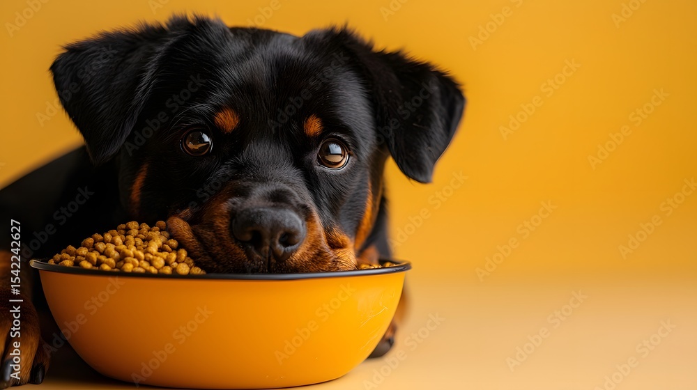 Fototapeta premium Cute Rottweiler Puppy with Food Bowl on Yellow Background