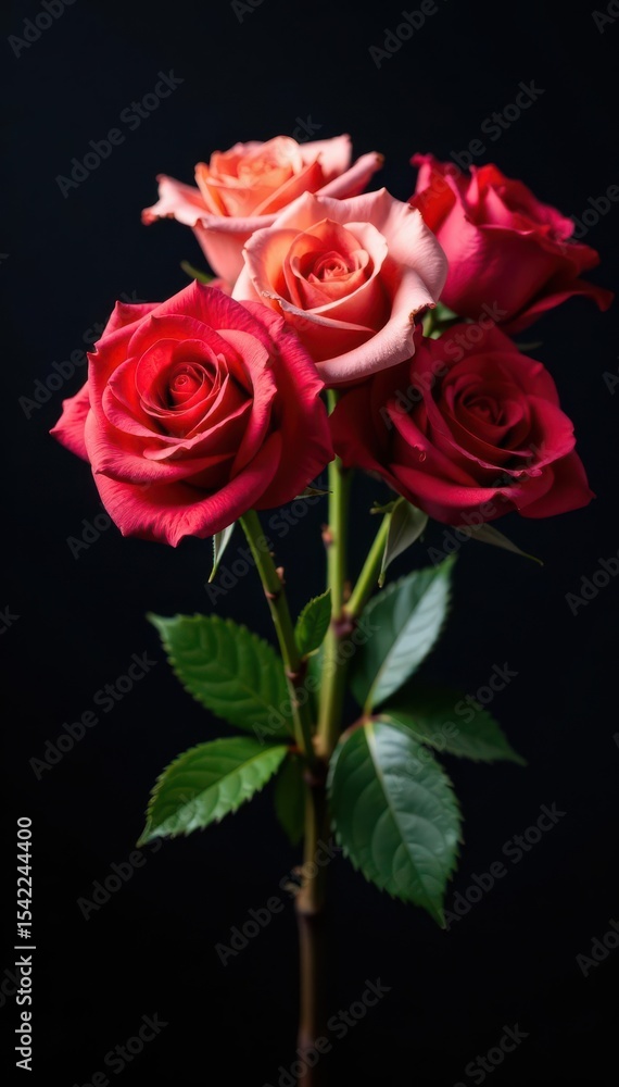 Fototapeta premium Colorful rose bouquet, dramatic black background, nature, dark, photo