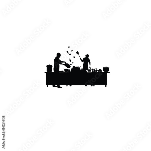 A chef preparing food in a bustling kitchen on white background