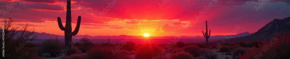 Fototapeta premium Crimson sun dips behind saguaro, desert hues ignite , backdrop, sky, vista