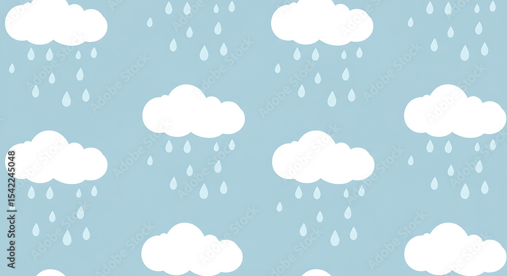 Repeating pattern of fluffy white clouds and falling raindrops on a light blue background. Repeating pattern of fluffy white clouds and falling raindrops on a light blue background.