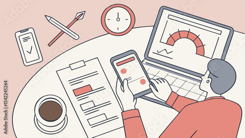 Person working at a desk with laptop, phone, documents, coffee, clock and writing utensils visible on the table