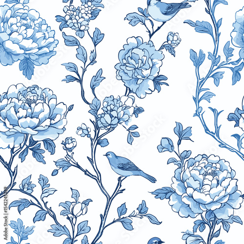 Fotografie Floral Blue Chinoiserie Toile de Jouy Seamless Pattern with flowers, branches, birds