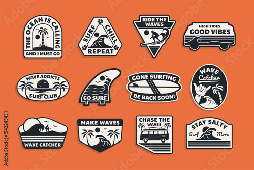 A set of vector surfing theme badges. Perfect t-shirt prints, stickers, posters, and other uses.