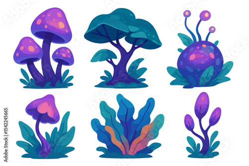Foto Vibrant digital illustration of fantastical plants and mushrooms in a whimsical