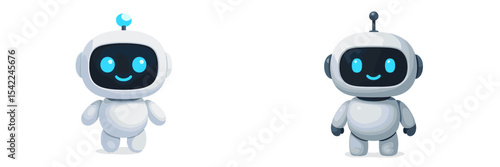 Two playful robots standing side by side in a minimalist setting with friendly expressions and bright blue accents