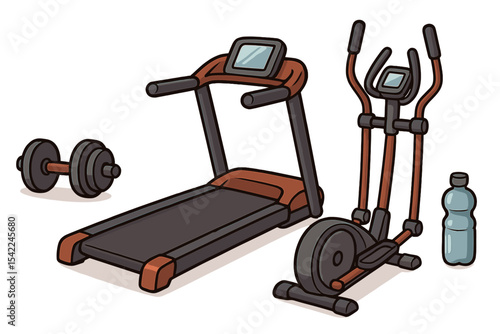 Home gym setup featuring treadmill, elliptical machine, weights, and water bottle for effective workouts