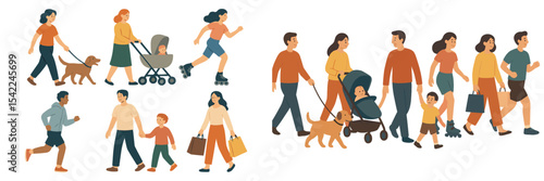 Various groups of people engaging in leisure activities in a city park during a sunny day