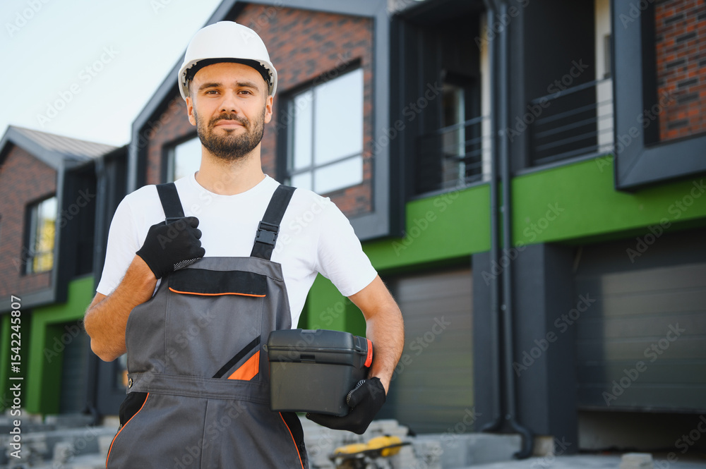 Professional plumber and repairman stands in the background of the cottage. The concept of the job of a repairman or plumber. Professional plumber and repairman stands in the background of the cottage. The concept of the job of a repairman or plumber.