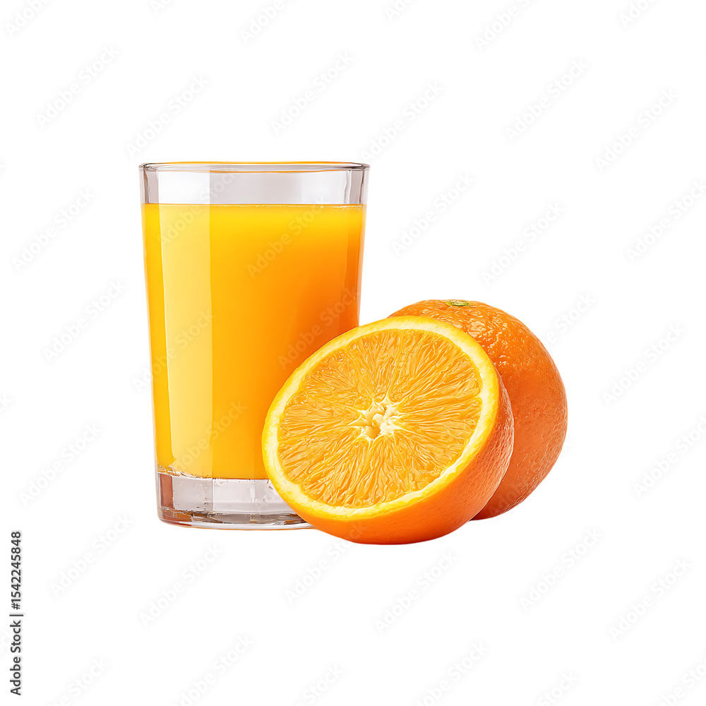 Fresh orange juice in a glass with whole and sliced orange isolated on a transparent background. Fresh orange juice in a glass with whole and sliced orange isolated on a transparent background.