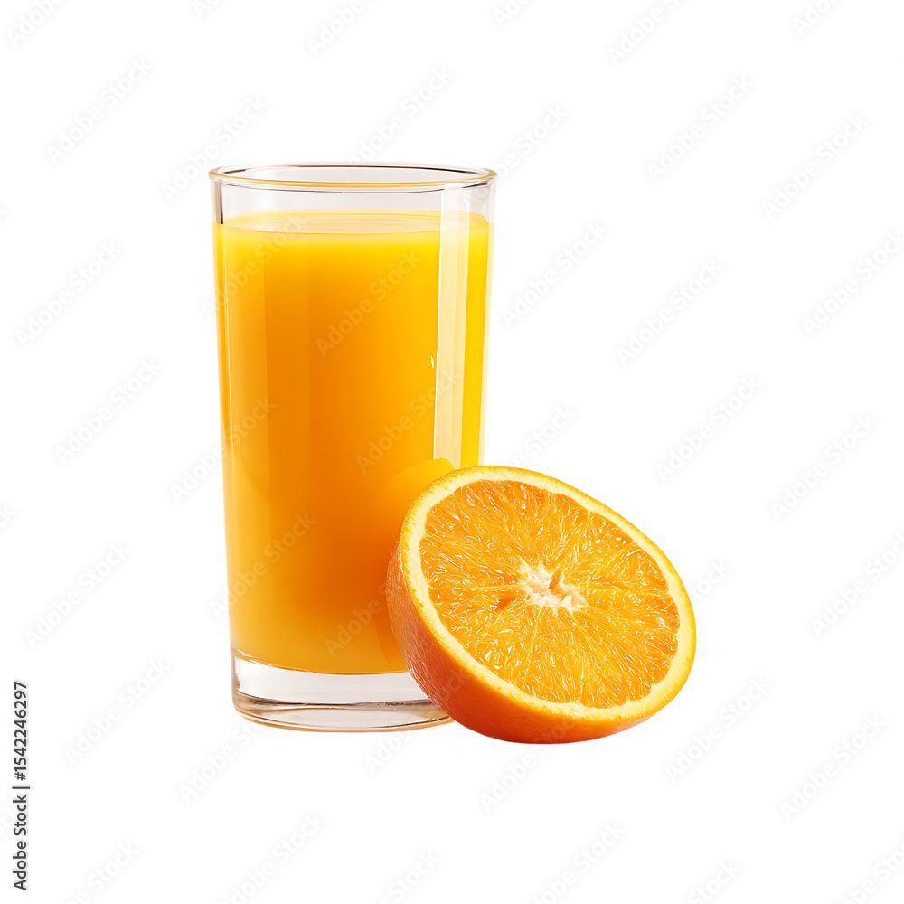Fresh orange juice in a glass with whole and sliced orange isolated on a transparent background. Fresh orange juice in a glass with whole and sliced orange isolated on a transparent background.