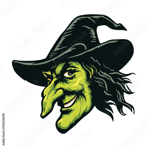 Wicked old witch face on white background, cartoon witch
