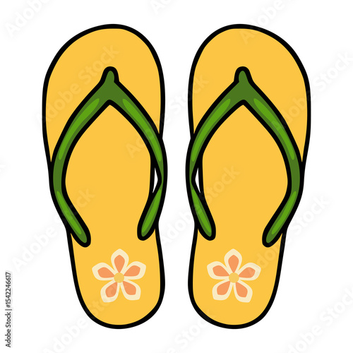 A vector illustration of a pair of yellow flip-flops with green straps and peach-colored flowers, showcasing a summery and playful design ideal for beach-themed projects.
