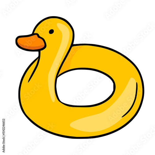 Vector illustration of a cute yellow duck-shaped inflatable ring, perfect for summer designs and childrens projects, featuring a bold outline and vibrant color palette.