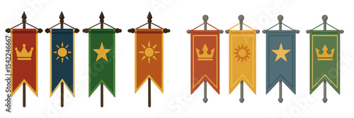 Colorful decorative banners displaying various symbols and colors for a festival or celebration in a lively atmosphere