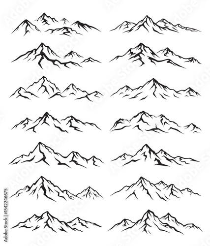 Set of Black and White Mountain Line Art Illustrations, twelve distinct mountain range silhouettes in a black and white line art style, mountain range, mountains, mountain silhouette, landscape, natur
