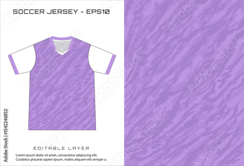 Purple soccer jersey mockup with white sleeves and a marbled violet pattern next to its seamless texture