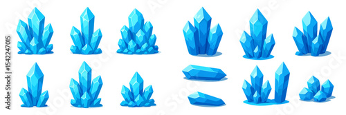 Bright blue crystal formations arranged artistically in a digital design showcasing their geometric shapes and vibrant color