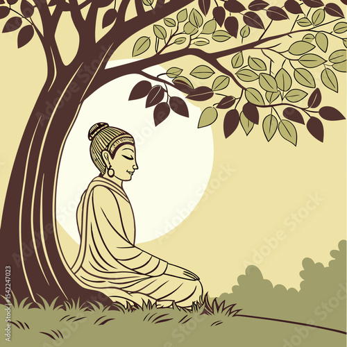 A serene Siddhartha Gautama meditating under a Bodhi tree with golden light filtering through leaves