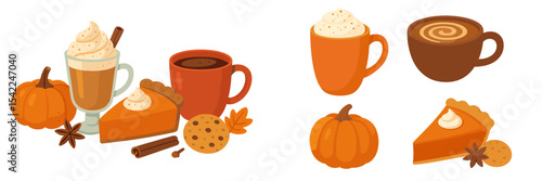 Delicious autumn treats featuring coffee, pumpkin pie, cookies, and seasonal flavors in a cozy setting