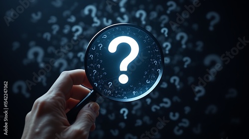 A hand holding a magnifying glass focusing on a glowing question mark amidst a swarm of question marks