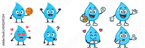 Colorful cartoon water droplets expressing emotions while playing basketball in a fun and playful animated style