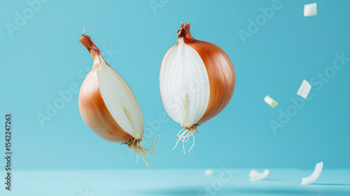 Halved onions in freefall with rings showing clearly, set against a light blue soft background.