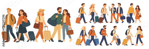 Groups of travelers walking with luggage at a busy location during daytime, showcasing diverse clothing styles and energetic vibes