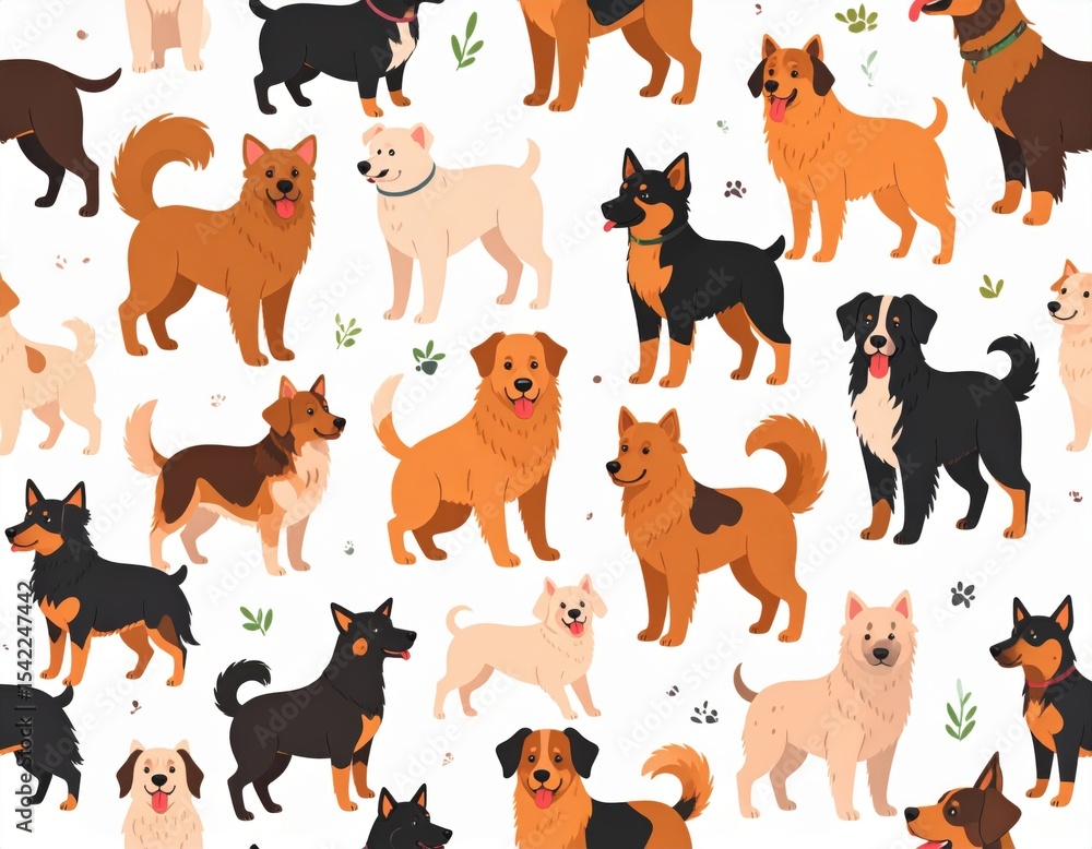 Fototapeta premium A cheerful seamless pattern showcasing a diverse collection of charming dog breeds, rendered in a flat cartoon illustration style.