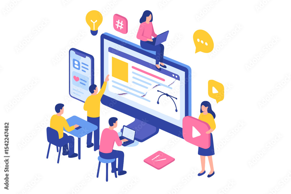 Digital collaboration among six people using technology for content creation and online interaction in a modern workspace Digital collaboration among six people using technology for content creation and online interaction in a modern workspace