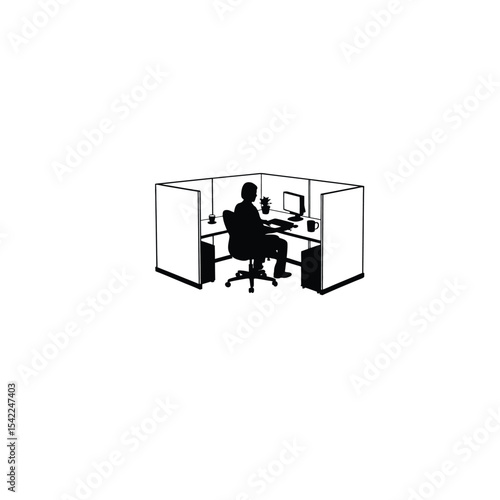 A person sitting in a quiet office cubicle working on white background