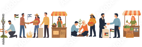 Community members engage in a market exchange promoting agriculture and environmental awareness in a shared public space