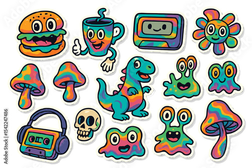 Colorful stickers featuring playful food, characters, and creatures in a fun design