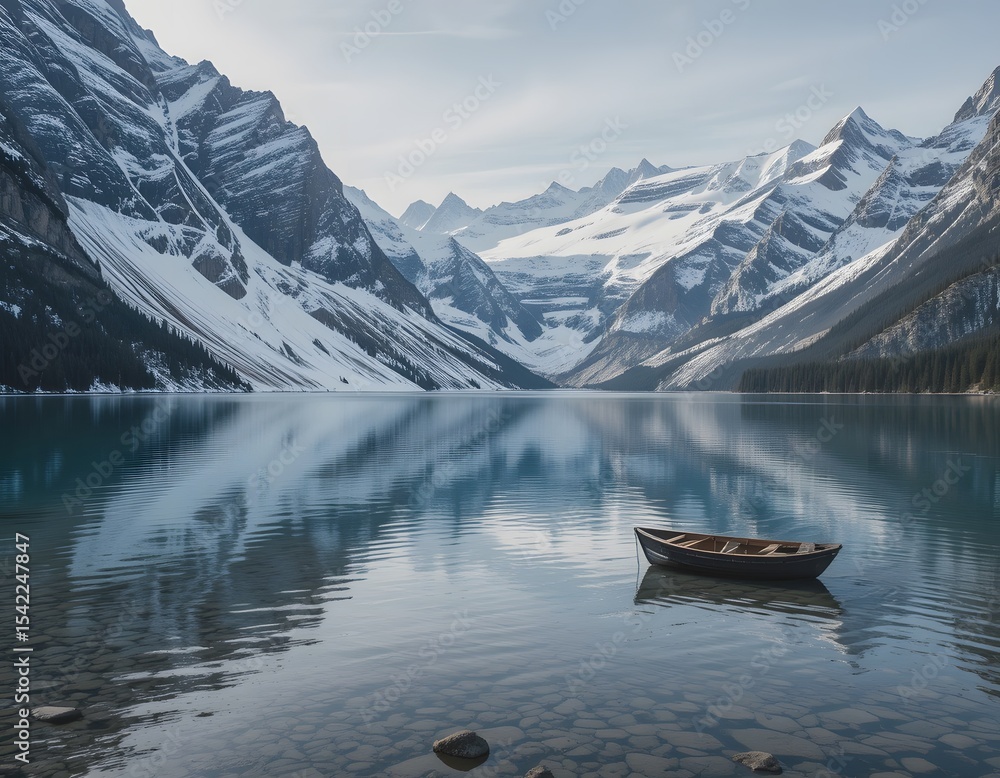 Alpine Lake, Majestic Snow Covered Mountains Create A Calming Scene. A Small Rowboat Floats Peacefully On The Still Water. Beautiful Mountain Landscape. Nature Provides Peace. Alpine Lake, Majestic Snow Covered Mountains Create A Calming Scene. A Small Rowboat Floats Peacefully On The Still Water. Beautiful Mountain Landscape. Nature Provides Peace.