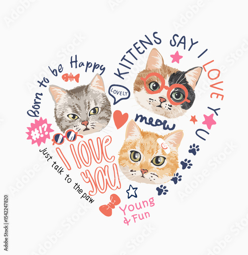 cute kittens in heart shape vector illustration