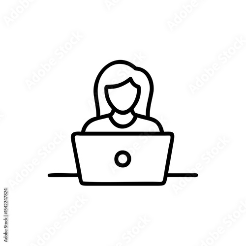 Woman using laptop computer simple line art icon black and white Handmade illustration female digital technology