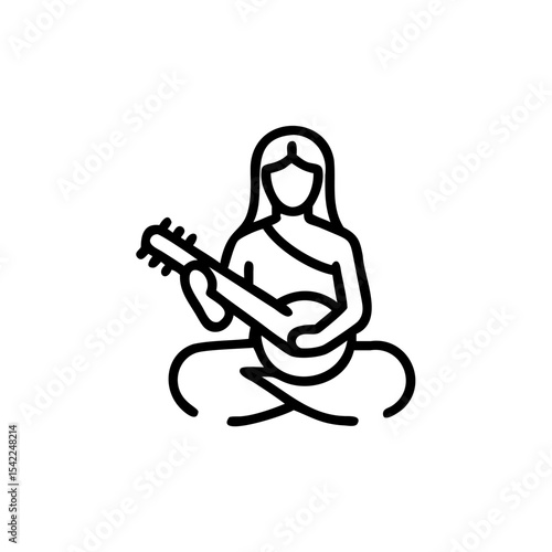 Line Art Illustration Woman Thirty Years Old Playing Sitar Indian Instrument Sitting Cross Legged Handmade