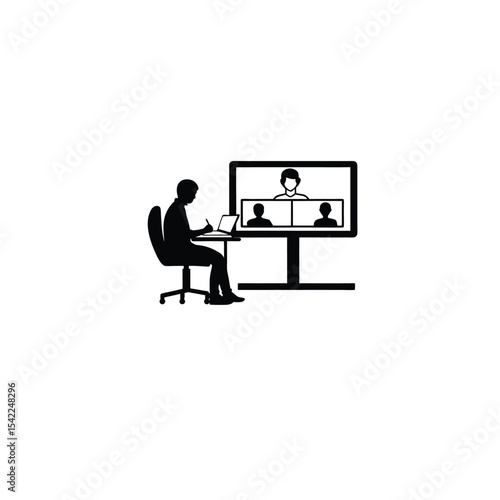 A person taking notes while attending a virtual meeting on white background