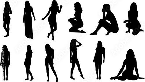 Sexy erotic woman different poses silhouette vector set.
