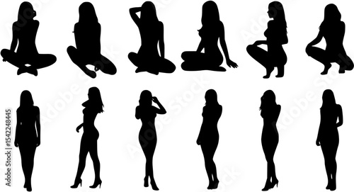Sexy erotic woman different poses silhouette vector set.

