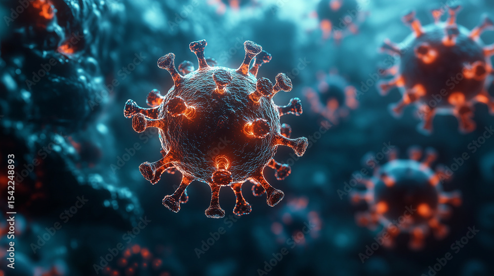 3D illustration of glowing virus particles in blue biological environment 3D illustration of glowing virus particles in blue biological environment
