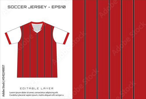 Red  white soccer jersey design with vertical stripes on the body plain sleeves
