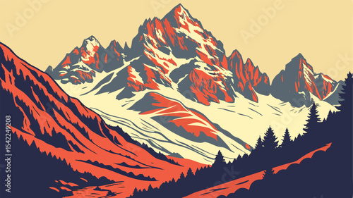 Illustration of a mountain range with snow peaks and trees in the foreground in a stylized manner