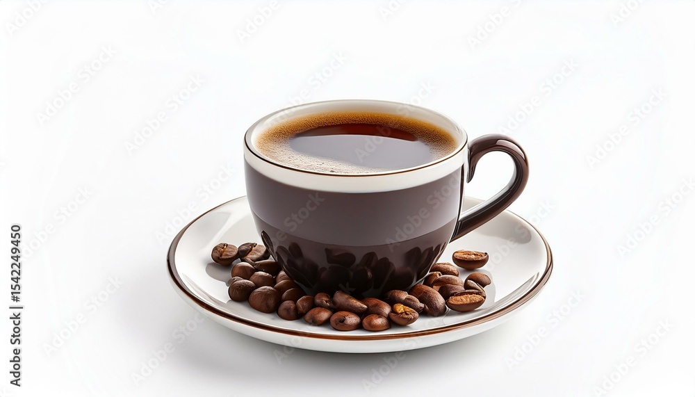 Dark roast coffee in brown cup with beans Dark roast coffee in brown cup with beans