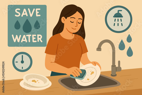 Eco Friendly Kitchen Habit Save Water While Doing Dishes. Girl washing dishes without water.
