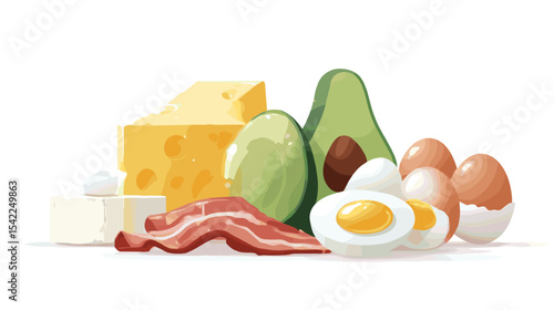 High protein keto diet ingredients including cheese avocado and eggs on white Nutrition and diets