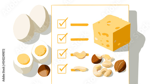 Checklist of protein-rich foods including eggs cheese and nuts with shadows Nutrition and diets